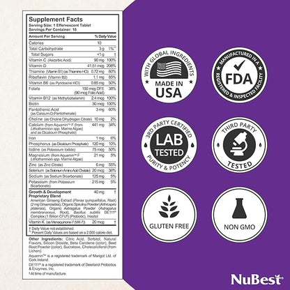 NuBest Tall Fizzy - Bone Strength, Immunity, Digestive Health for Kids & Teens | Probiotic, Calcium, Magnesium from Red Marine Algae, Vitamin D3, K2 & Zinc | 30 Orange Effervescent Tablets - Ages 4+