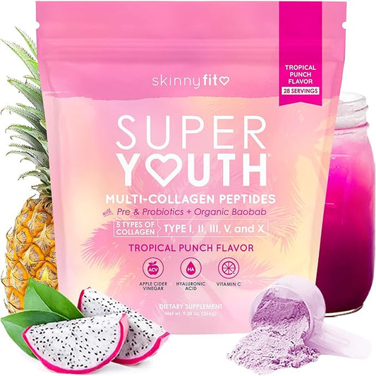 SkinnyFit Super Youth Tropical Punch Multi-Collagen Peptides + Probiotics, Baobab Fiber, Apple Cider Vinegar, Hyaluronic Acid, & Vitamin C, Skin, Hair, Joint & Metabolism Support, 30 Servings