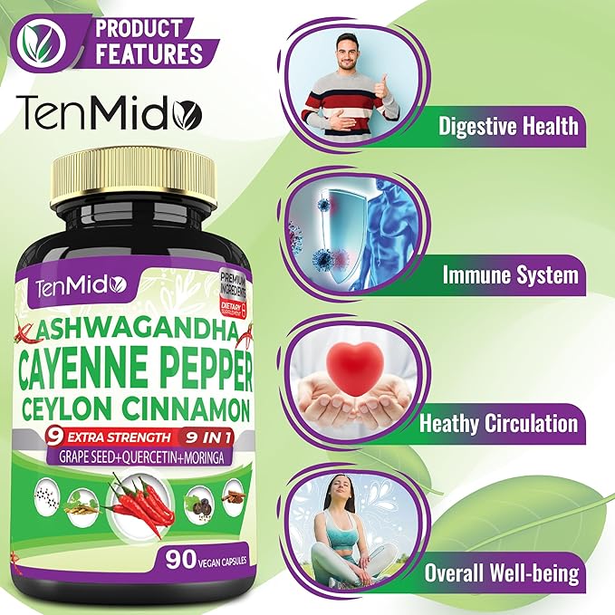 Cayenne Pepper Supplements Capsules, 3 Months Supply & Ashwagandha, Ceylon Cinnamon, Grape Seed, Quercetin, Moringa, Ginkgo Biloba - Heart Wellness, Promotes Digestive Health -90 Caps