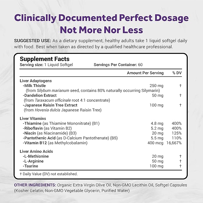 Silymarin Milk Thistle 1300mg Enhanced with B Complex & Amino Acids | 13-in-1 Liver Cleanse, Detox & Repair | 60 Liver Essential Softgels