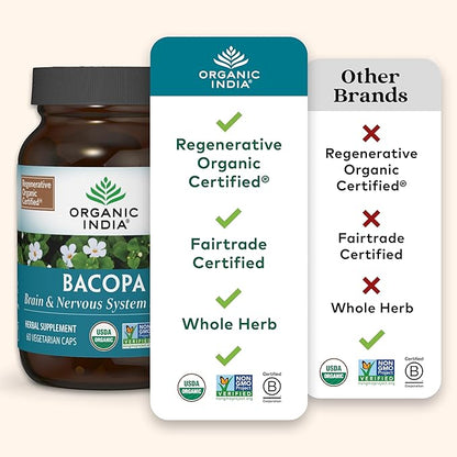 ORGANIC INDIA Bacopa Supplement - Bacopa Monnieri Organic, Brain, Focus, & Memory Support for Women & Men, Ayurvedic Herbs, Non GMO, Fairtrade Certified - 60 Vegan Capsules