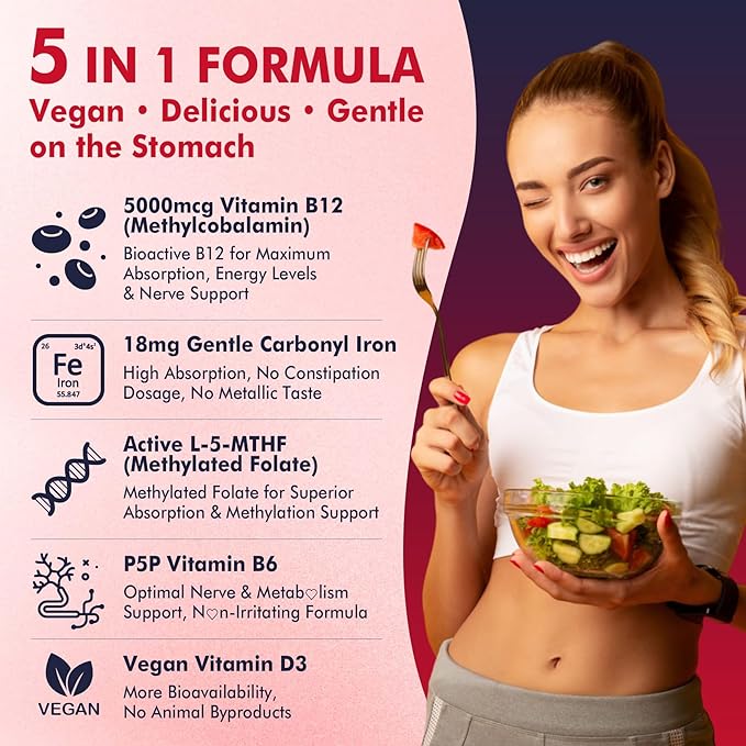 Iron 18mg + B12 Vitamins 5000 mcg Gummies for Adults Women & Men - w/Ultra Strength Active Methyl B-12, L-MethylFolate & B6 (P5P) - Carbonyl Iron Supplement Gummy for Energy, Immune & Focus,120Cts