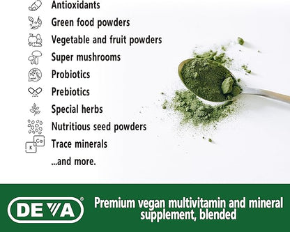 DEVA Tuba Prime Vegan Multivitamin Iron-Free - High-Potency Vitamin & Mineral Dietary Supplement - Antioxidants, Fruit & Vegetable Blend, Super Mushrooms, Probiotics, Prebiotics, Seeds, Herbs 90 Tabs