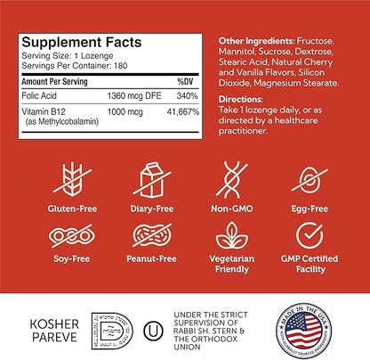 Zahler Energizer Vitamin B12-5000 mcg Vitamin B12 - Natural Cherry Flavor Dissolvable Lozenges - Kosher Gluten Free Non-GMO B12 Vitamins 5000 mcg, Energy Boost, Made in USA (180 Count)
