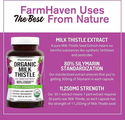 FarmHaven USDA Organic Milk Thistle Capsules | 30X Concentrated Seed Extract & 80% Silymarin Standardized - Supports Liver Function and Overall Health | Non-GMO | 240 Veggie Capsules