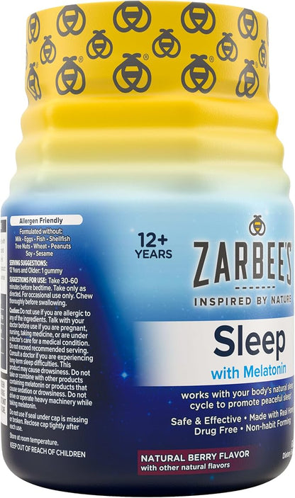 Zarbee's Melatonin Gummies 3mg Sleep Supplement to Promote Peaceful Sleep, Natural Mixed Fruit Flavor, Adults Gummy Age 12 Up, 60 Count
