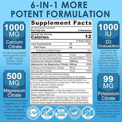 Calcium Citrate Gummies 1000mg, Easily Absorbed Calcium with Magnesium 500mg, Zinc, D3, B6 & Potassium, Chewable Calcium Supplement for Women & Men, Bone & Teeth, Muscle & Immune Support, Vegan 60Cts