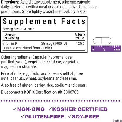 BlueBonnet Nutrition Vitamin D3 1000 IU, Aid in Muscle and Skeletal Growth, Cholecalciferol from Lanolin, Non GMO, Gluten Free, Soy Free, Milk Free, Kosher, 90 Vegetable Capsule, White