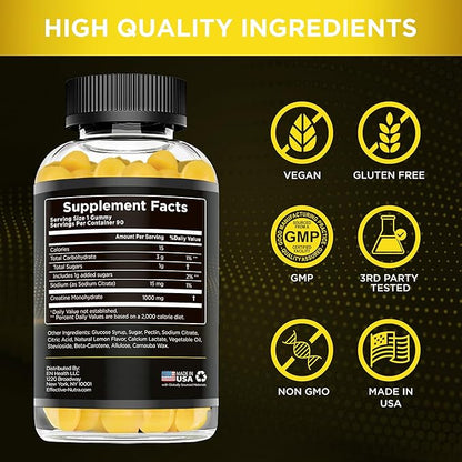 Creatine Monohydrate Gummies | 1g Per Gummy | Vegan Creatine Gummies Supplement for Men & Women | Strength, Muscle Growth, Energy, Endurance | Natural Lemon Flavor, Made in USA (90ct)