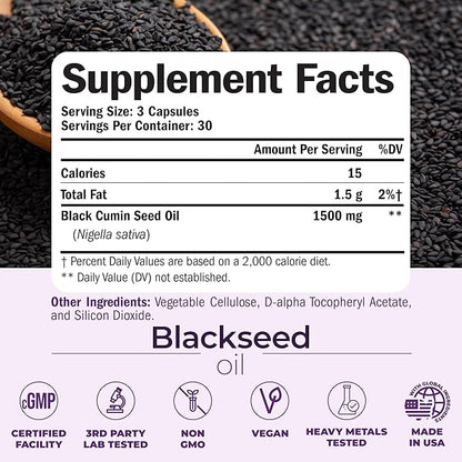Black Seed Oil Capsules | Cold Pressed Blackseed Oil. Provides Vitamin E & Omega 3 6 9. High Potency (1500mg) for Immune Support, Antioxidants, Digestion, Hair Skin and Nails. Vegan. Non-GMO. 90 Caps