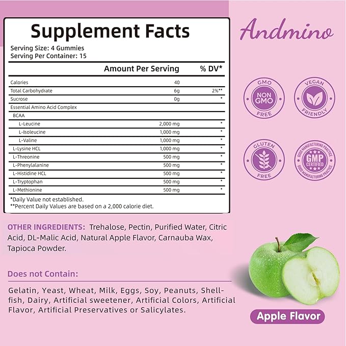 EAA Gummies 7500 mg, BCAA Gummies, Amino Acids Supplement for Muscle, Immune, Nervous & Digestive Health, for Adults & Kids, Non-GMO, Vegan, Gluten Free, Apple Flavor, 120