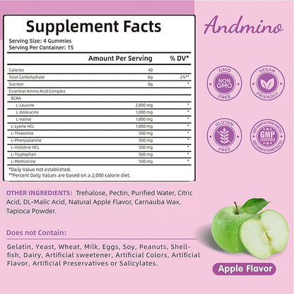 EAA Gummies 7500 mg, BCAA Gummies, Amino Acids Supplement for Muscle, Immune, Nervous & Digestive Health, for Adults & Kids, Non-GMO, Vegan, Gluten Free, Apple Flavor, 120