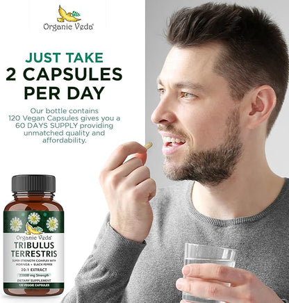 Organic Veda Tribulus Terrestris Extract Capsules for Men, 22000mg - Tribulus Terrestris Super Strength with Moringa & Black Pepper - Boost Energy, Stamina & Performance - Vegan, Non-GMO - 120 Count