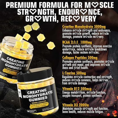 Creatine Monohydrate Gummies for Men & Women - with BCAA, Collagen Peptides, L-Taurine, Vitamin B12, D3, Chewables Creatine Monohydrate 5g Per Serving, Natural Lemon Flavor, Sugar Free, 2 Pack