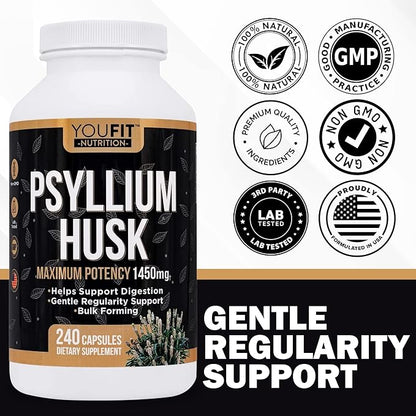 PSYLLIUM Husk Capsules - Premium Psyllium Fiber Supplement - Promotes Intestinal Health and Regularity - 100% Natural Soluble Fiber 1450mg Per Serving - 240 Capsules