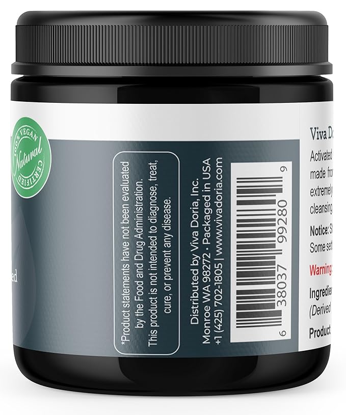Viva Doria Virgin Activated Charcoal Powder, Coconut Shell Derived, Food Grade, 6 Oz