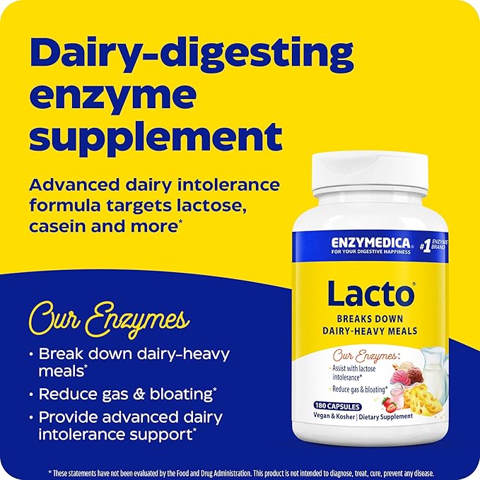 Enzymedica Lacto, Digestive Enzymes for Complete Dairy Digestion, Offers Fast-Acting Gas & Bloating Relief, Standard Packaging, 180 Count