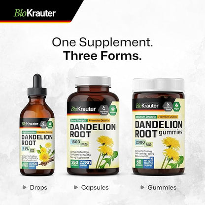 BIO KRAUTER Dandelion Root Supplement - 1800 mg Strength - 250 Count - Dandelion Root Capsules - Vegan Capsules for Liver Support & Immunity