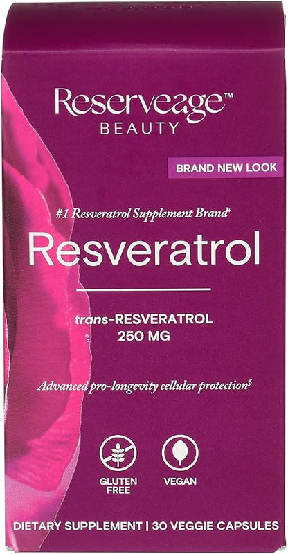 Reserveage Beauty Resveratrol 250 mg - Best Trans-Resveratrol - Vegan Antioxidant Supplement for Cellular & Heart Health - Aids Healthy Aging & Immune Health - 30 Vegetable Capsules (30 Servings)
