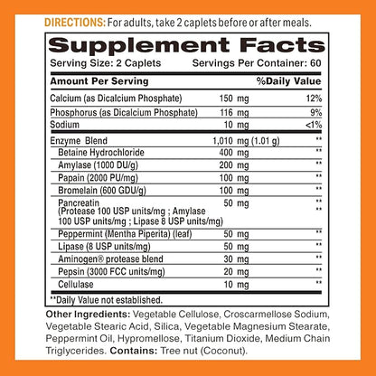 Vitamin World Digest-13 Multi-Enzyme, 1010mg Digestive Enzymes Blend with Amylase, Bromelain, Papain & Lipase for Digestion and Absorption, Digestive Enzymes for Bloating & Gas, 120 Caplets
