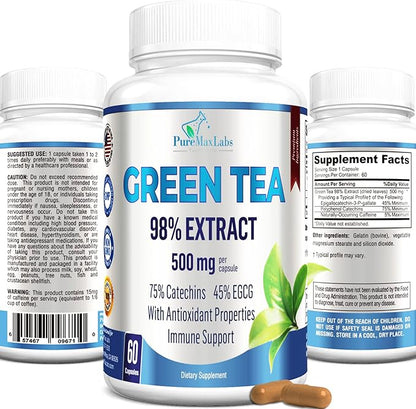 Green Tea Extract 98% - 3X Strength, 75% Polyphenol Catechins, 45% EGCG, Super Antioxidant - 60 Capsules