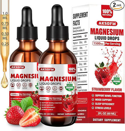 Magnesium Glycinate Liquid 2 Pack - 1500mg Maximized Absorption Magnesium Complex Supplement to Support Stress Relief, Night, Heart Health Nerves and Muscles - Strawberry Flavor