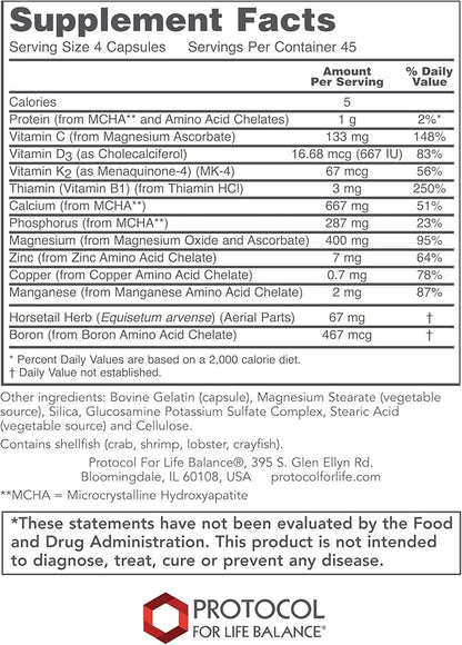 Protocol Bone Support Formula - for Bone Strength & Density* - with Calcium Hydroxyapatite, Boron & Phosphorus - Supplement for Teeth & Bone Health* - Dairy & Soy Free - 180 Caps