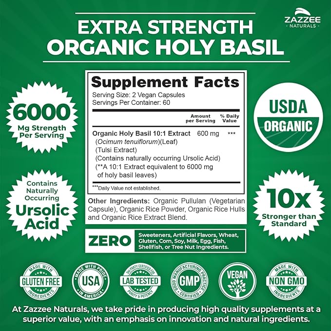 Zazzee USDA Organic Holy Basil 10:1 Extract, 6000 mg Strength, 120 Vegan Capsules, Concentrated and Standardized 10X Tulsi Extract, Ursolic Acid, 100% Certified Organic, Non-GMO