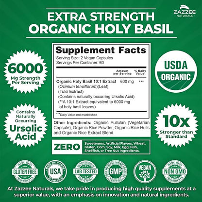 Zazzee USDA Organic Holy Basil 10:1 Extract, 6000 mg Strength, 120 Vegan Capsules, Concentrated and Standardized 10X Tulsi Extract, Ursolic Acid, 100% Certified Organic, Non-GMO