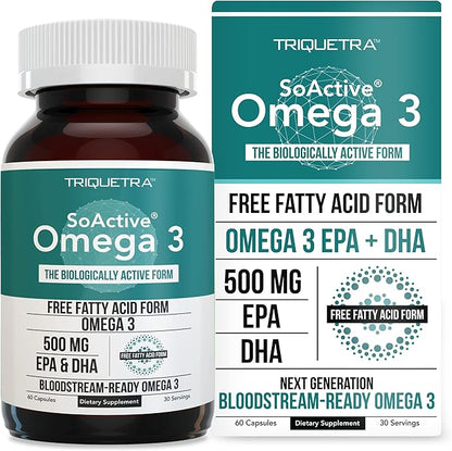 SoActive® Omega 3 EPA & DHA | Free Fatty Acid Form Omega 3 | Near Perfect Absorption – Up to 95% Absorption Rate | Bloodstream Ready EPA & DHA – More Effective Than Fish Oil & Krill Oil (60 Capsules)