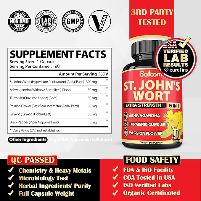 Satoomi St. John's Wort Capsules Extract Supplement - 6 Herbs Equivalent 5050 mg - Emotional Balance, Joyful Mood & Mood Support - 1 Pack 90 Veggie Caps 3-Month Supply