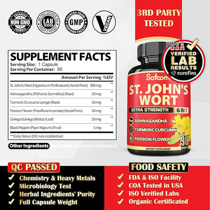 Satoomi St. John's Wort Capsules Extract Supplement - 6 Herbs Equivalent 5050 mg - Emotional Balance, Joyful Mood & Mood Support - 1 Pack 90 Veggie Caps 3-Month Supply