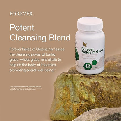 Forever Living - Fields of Greens, Green Superfood Supplement with Barley Grass, Wheat Grass, and Alfalfa to Cleansing and Alkalizing, 80 Tablets
