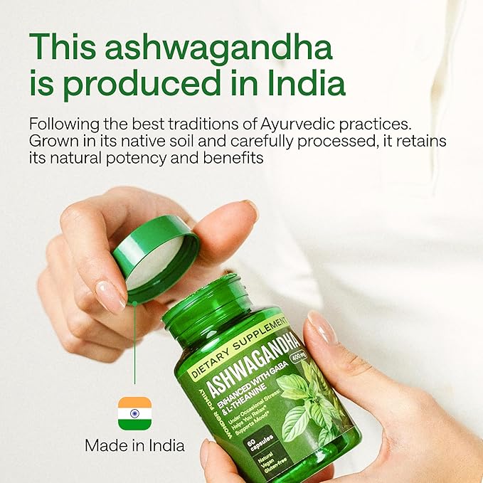 Ashwagandha, GABA, L-Theanine Supplement Complex – Ashwagandha Supplements for Sleep, Mood, Bodily Comfort – Ashwa 400mg, L Theanine 100 mg, 2.5X GABA 100mg – 60 Capsules
