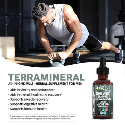 Shilajit Liquid Drops with Sea Moss, Ashwagandha, Zinc, Magnesium, Liquid Vitamins for Women and Men - Terra Mineral by Clean Nutra - 2Pack