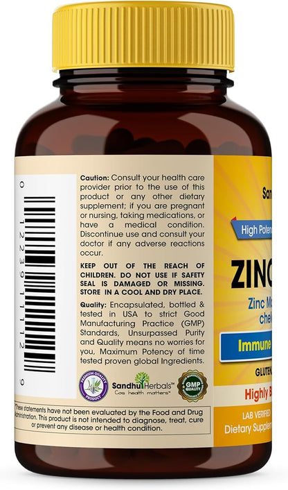 Sandhu Herbals Zinc 30mg Supplement for Men & Women| High Absorption Zinc Monomethionine Complex 120 Capsules| Zinc Supplements for Immune, Acne & Antioxidant Support| Vegetarian, Made in The USA