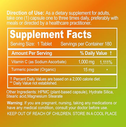 Buffered Vitamin C 1000 mg with Organic Turmeric - Antioxidant & Immune Support - Healthy Skin & Joints - Gluten & Dairy Free - 180 Vegan Capsules, 180 Day Supply