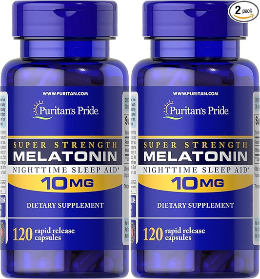 Puritan's Pride Premium Super Strength Melatonin 10mg Sleep Aid, Dietary Supplement for Sound, Restful, & Longer Sleep Support, 4 Month Supply, 120 Rapid Release Capsules, 2 Pack (Packaging May Vary)