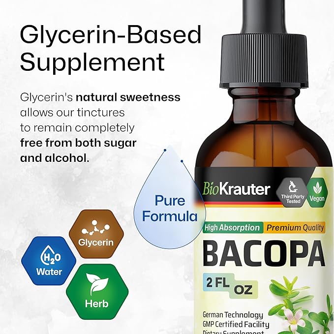 BIO KRAUTER Bacopa Monnieri Drops - Brain Support Brahmi Supplements - Liquid Bacopa Supplements - Alcohol & Sugar Free - Vegan 2 Fl.Oz.