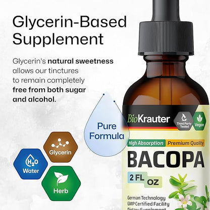 BIO KRAUTER Bacopa Monnieri Drops - Brain Support Brahmi Supplements - Liquid Bacopa Supplements - Alcohol & Sugar Free - Vegan 2 Fl.Oz.
