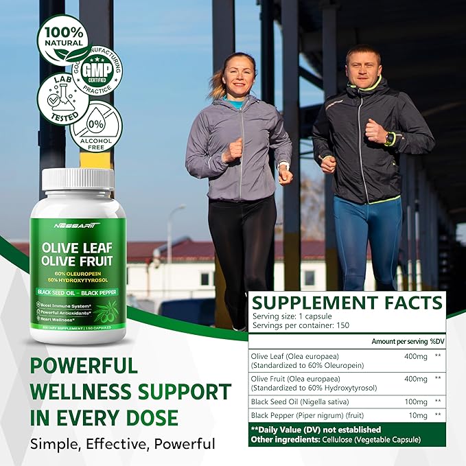 Olive Leaf & Olive Fruit (60% Oleuropein, 60% Hydroxytyrosol) - Black Seed Oil, Black Pepper - Immune Boost, Antioxidants, Heart Wellness -Made in USA- 150 Capsules