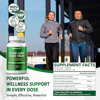 Olive Leaf & Olive Fruit (60% Oleuropein, 60% Hydroxytyrosol) - Black Seed Oil, Black Pepper - Immune Boost, Antioxidants, Heart Wellness -Made in USA- 150 Capsules