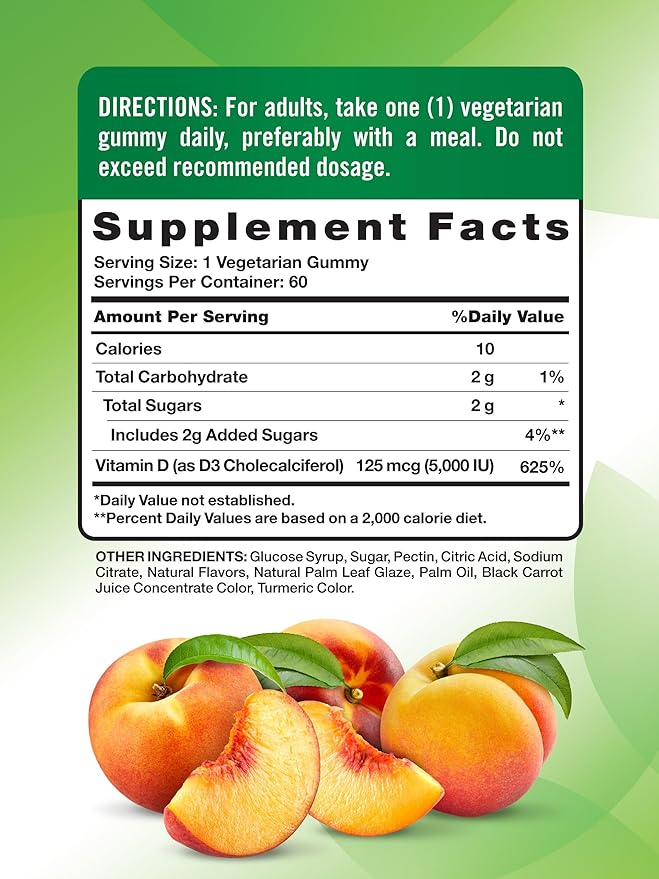Nature's Truth Vitamin D3 Gummies | 5000 IU | 60 Count | Peach Flavor | Vegetarian, Non-GMO & Gluten Free Supplement