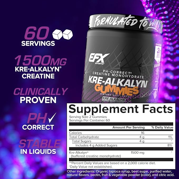 EFX Sports Kre-Alkalyn EFX Gummies | pH Correct Creatine Monohydrate Pill Supplement | Strength, Muscle Growth & Performance | 60 Servings, 120 Gummies - Citrus Blast