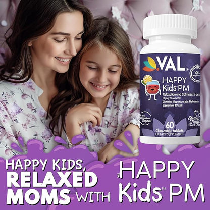 VAL Sugar-Free Calm Magnesium for Kids PM Chewable Tablets | Magnesium Glycinate, Citrate & Taurate | Melatonin & Vitamins B6 & C | Bedtime Support | Non-GMO | Blueberry Yogurt Flavor | 60 Count