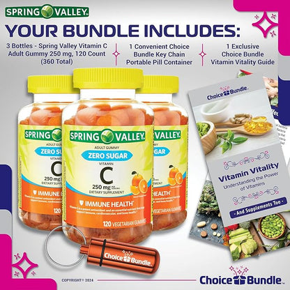 Spring Valley Zero Sugar Vitamin C Gummies Dietary Supplement 250 mg 120 Ct 3 pk (360 Total) + Vitamin Guide & Pill Container (5 Items)!