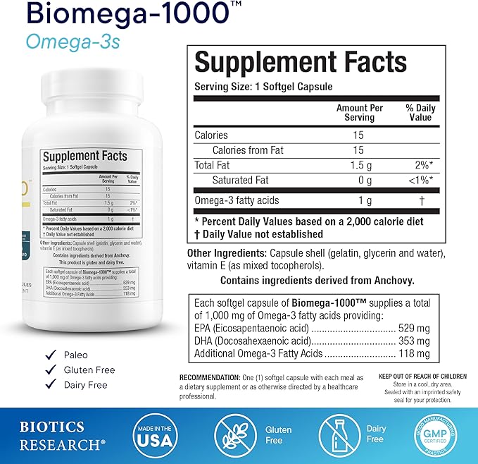 Biotics Research Biomega-1000™ Omega 3 1000mg Fish Oil Supplement with EPA/DHA, Highly Concentrated Fish oil Omega-3 Fatty Acids For Women & Men – Supports Immune & Cardiovascular Health – 90 Softgels