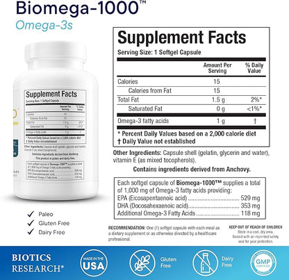 Biotics Research Biomega-1000™ Omega 3 1000mg Fish Oil Supplement with EPA/DHA, Highly Concentrated Fish oil Omega-3 Fatty Acids For Women & Men – Supports Immune & Cardiovascular Health – 90 Softgels