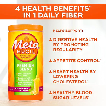 Metamucil Premium Blend, 4-in-1 Fiber Supplement for Digestive Health, Psyllium Husk Fiber Powder, Sugar-Free with Stevia, Plant-Based Fiber Supplement, Orange Flavored, 180 teaspoons