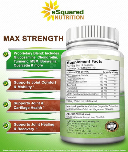 aSquared Nutrition Glucosamine Chondroitin Turmeric MSM Boswellia - 120 Capsules - Joint Support Supplement - Joint Support Relief Pills for Health - Natural Supplement for Back, Knee & Hands